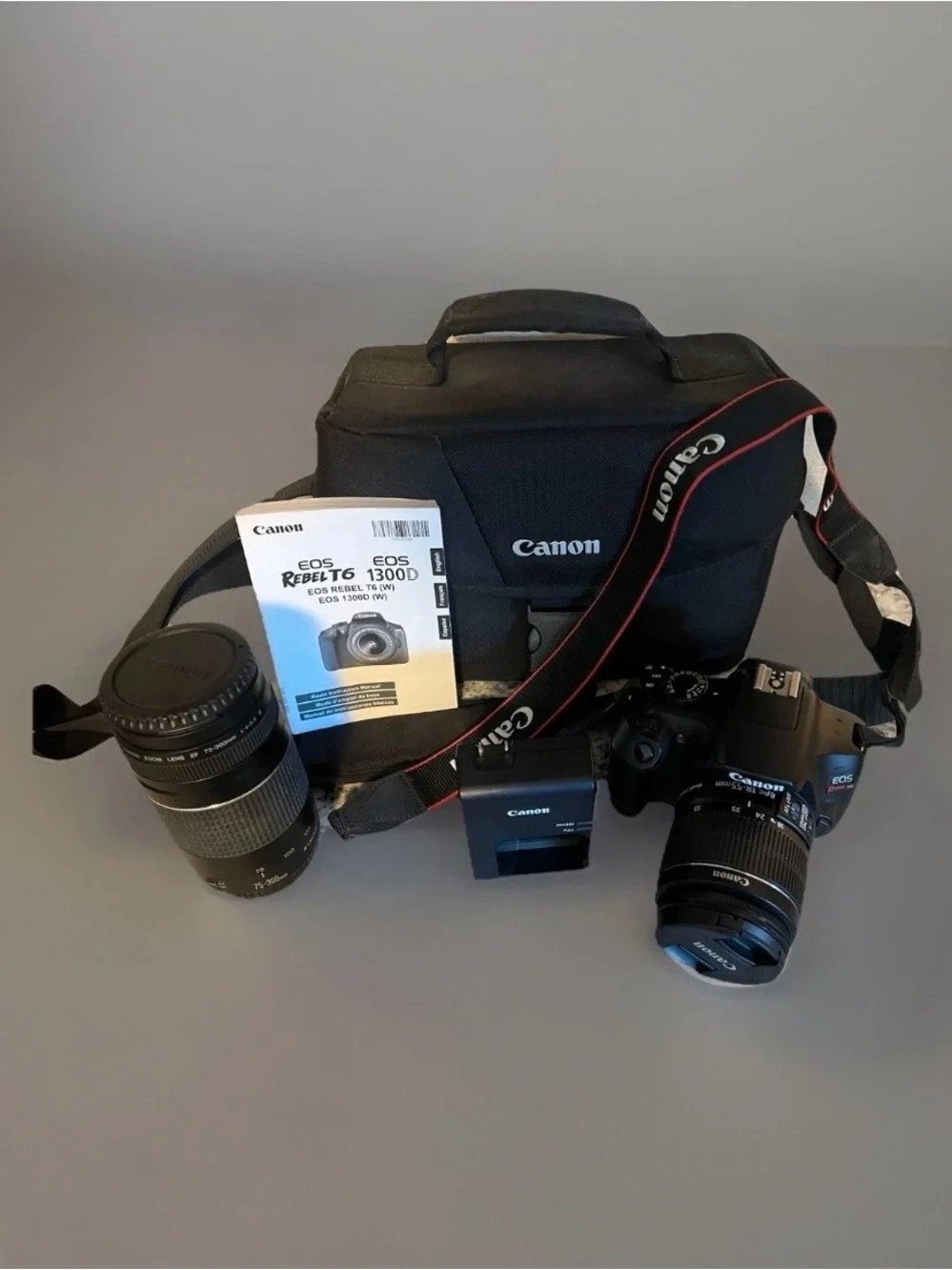 Canon DSLR Camera Kit in Black with Red-Trim Strap